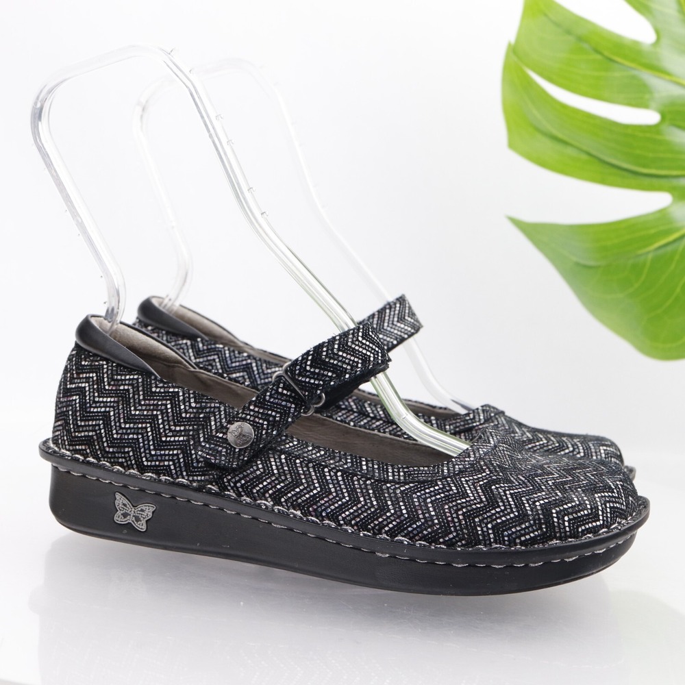 Alegria Mary Jane Shoes Womens Size 9 Black Silver Leather Chevron Comfort Flats